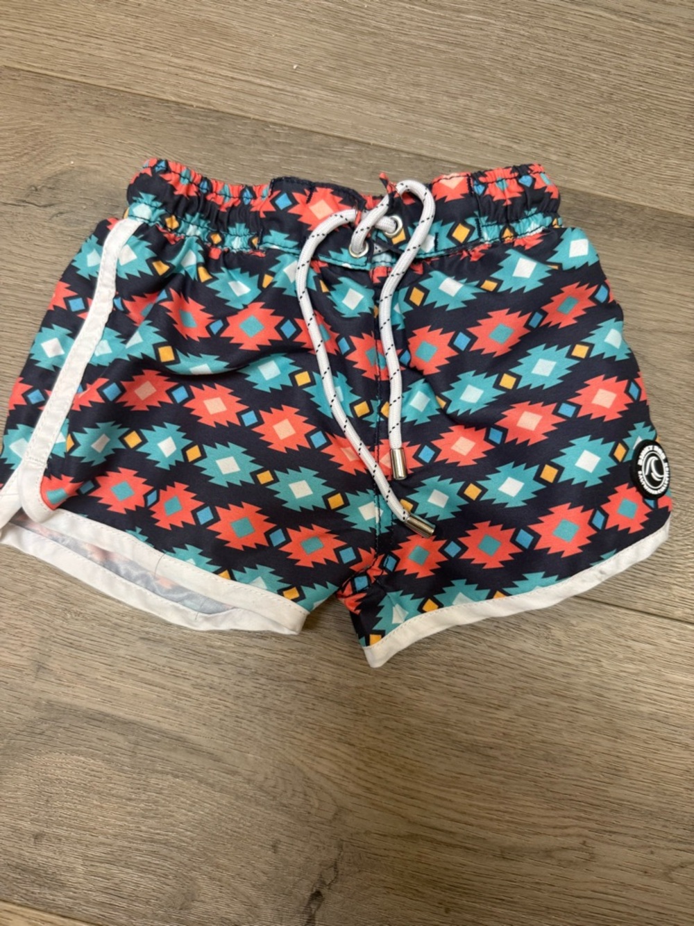 Kids Swim Shorts with Aztec Print - Navy, Coral & Teal